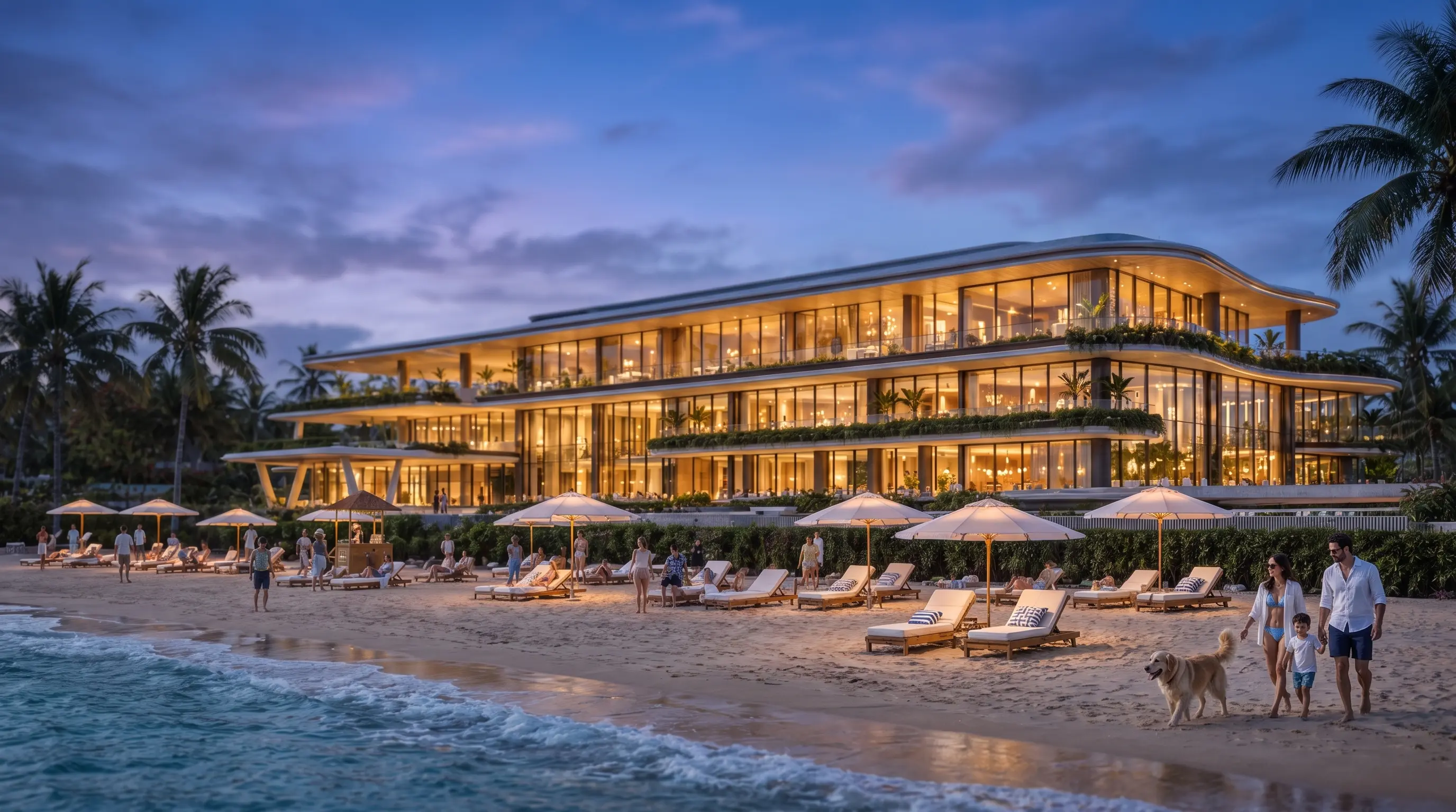 One Goa - The Crescendo clubhouse and private beach at dusk